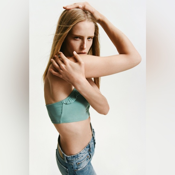 NWT ZARA Festival Teal Ribbed Ruffle T-Back Crop Tank Top - Picture 2 of 5